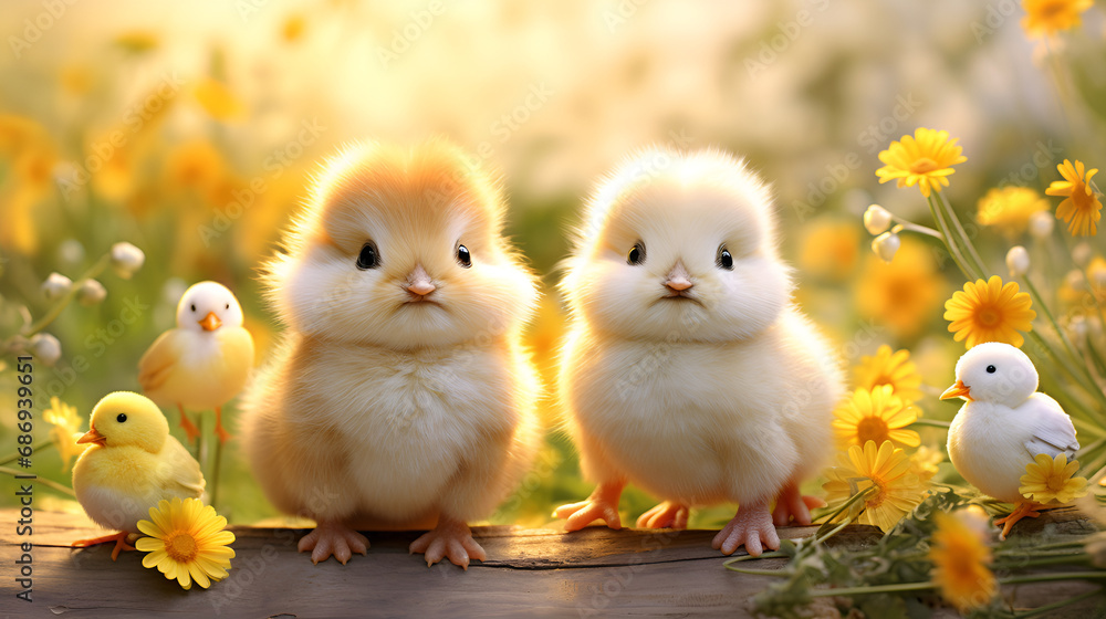 A group of cute chicks in a green grass garden with blurred sun light background