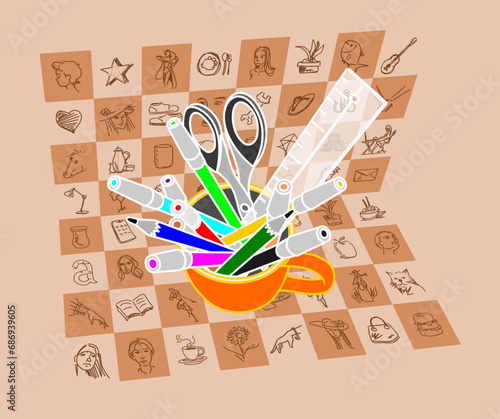 Creative tools in container surrounded by icons. Design processes  and imaginative work concepts.