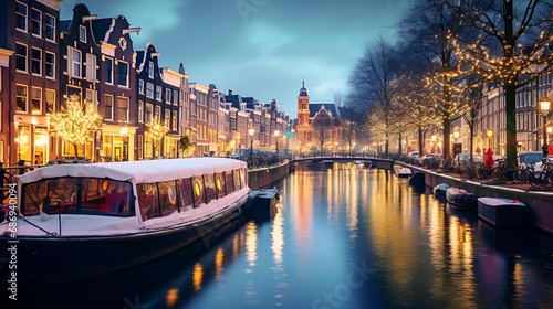 Embracing the Nightly Splendor of Amsterdam's Canal-Side Views, Bridges, and Quaint Houses Amidst Boats and Bicycles background generative ai © muneeb
