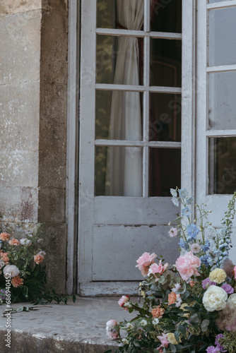 Luxury floral arrangements at a wedding in entrance