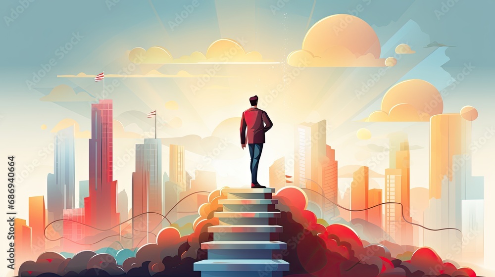 Illustration of businessman up stair to top. Self growth and personal development progress stages tiny person concept. Reaching for career goals and success. Illustration of businessman up stair to top. Self growth and personal development progress stages tiny person concept. Reaching for career goals and success.