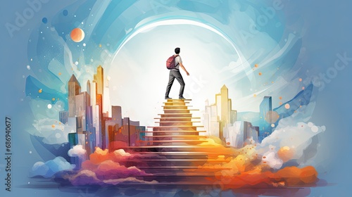 Illustration of businessman up stair to top. Self growth and personal development progress stages tiny person concept. Reaching for career goals and success.