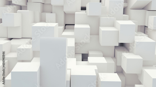 Large 3D rectangle and small white 3D cubes stacked on top of each other protruding in and out