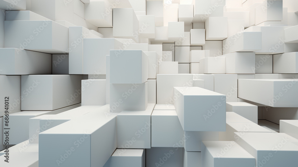 White 3D cubes of different sizes and lengths are stacked in and out White 3D cubes of different sizes and lengths are stacked in and out