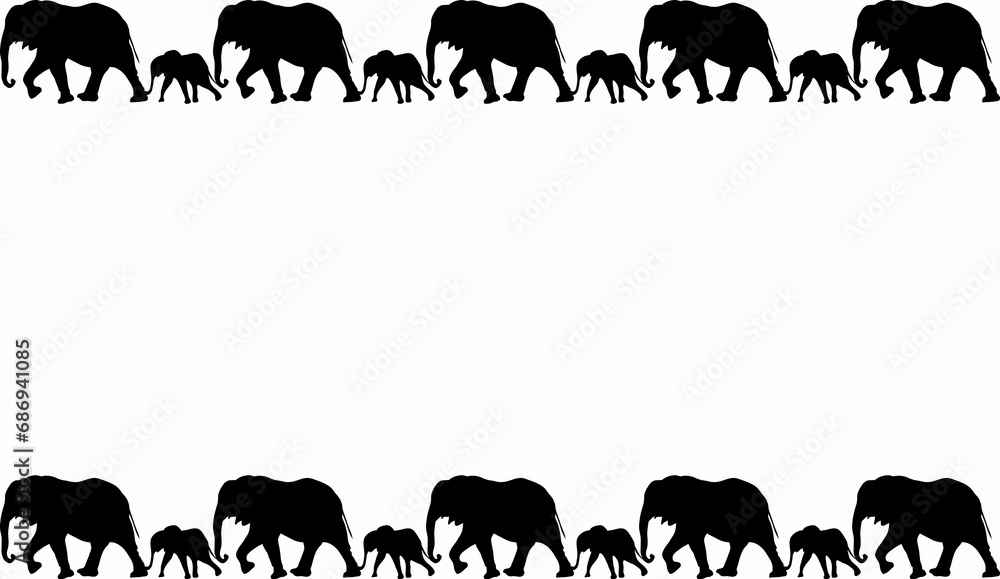 Eighteen black family elephants in line illustrations - silhouettes of the 18 elephants isolated on white background- frame made of cats - 18匹の並んだゾウの親子のフレーム Eighteen black family elephants in line illustrations - silhouettes of the 18 elephants isolated on white background- frame made of cats - 18匹の並んだゾウの親子のフレーム