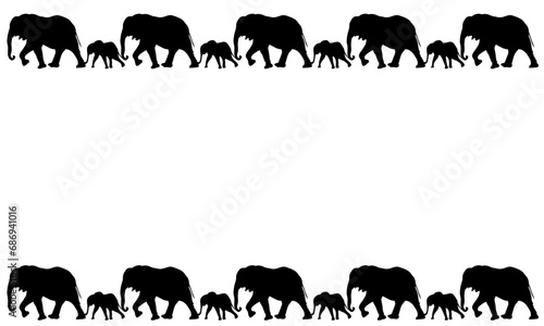 Eighteen black family elephants in line vector illustrations - silhouettes of the 18 elephants isolated on white background- frame made of cats - 18匹の並んだゾウの親子のフレーム photo