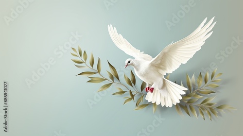 White dove carrying olive leaf branch