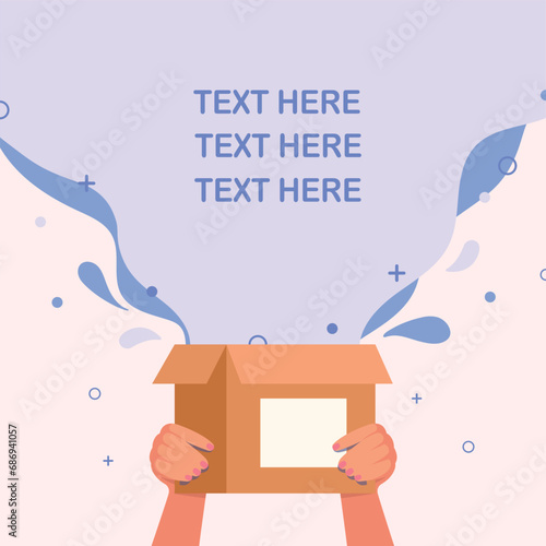 Hand holding a box and unpack, package unboxing template, background and Banner. 