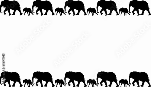 Eighteen black family elephants in line illustrations - silhouettes of the 18 elephants isolated on white background- frame made of cats - 18匹の並んだゾウの親子のフレーム photo