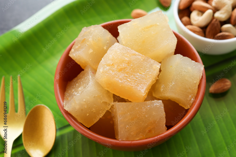 Karachi halwa also known as bombay halva. Kerala Kozhikodan Black halwa Kozhikode Calicut. Bombay Halwa Indian sweet food celebration special occasion Onam Kerala India. festival dessert for Diwali Karachi halwa also known as bombay halva. Kerala Kozhikodan Black halwa Kozhikode Calicut. Bombay Halwa Indian sweet food celebration special occasion Onam Kerala India. festival dessert for Diwali