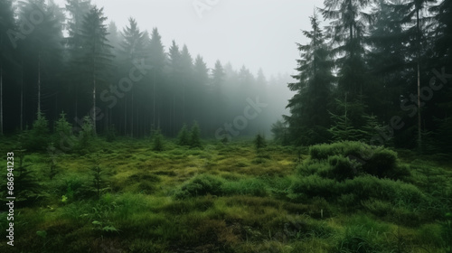A calm forest on a cloudy day. Generative AI. © Roberto