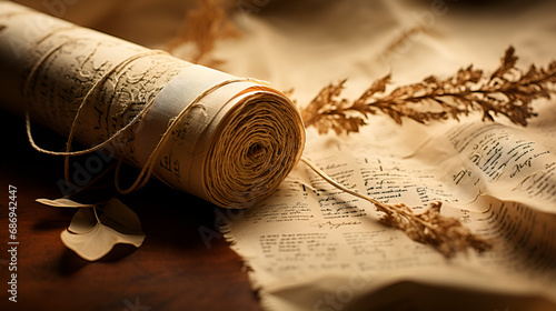 An ancient scroll adorned with mystical sigils and seals is unfurled on a sturdy oak table, bathed in soft light, Vintage style, sepia - toned photograph of an ancient, worn parchment covered in myst
 photo