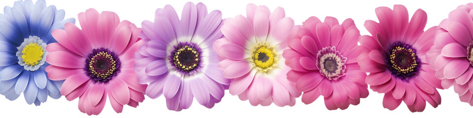 row of Transvaal daisy flowers banner isolated on transparent background - floral design element PNG cutout