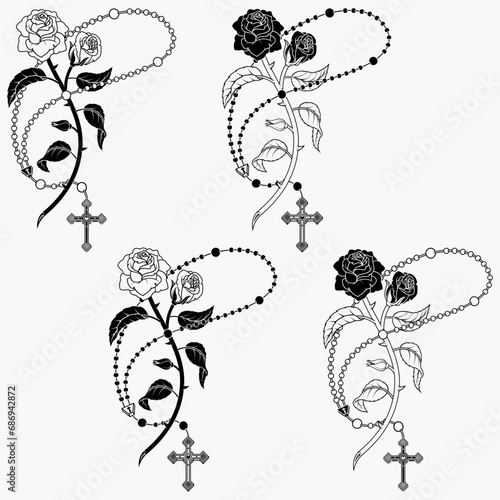 Catholic rosary with roses and petals