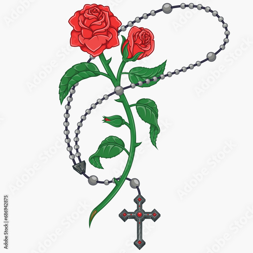 Catholic rosary with roses and petals