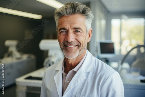 Confident Senior Male Doctor in Modern Clinic Office 