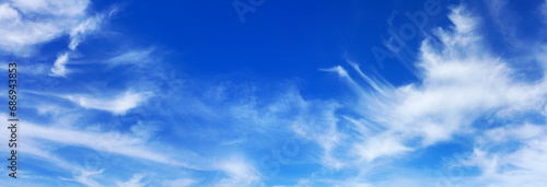 White сirrus clouds clear blue sky panorama background, cirrostratus cloud, fluffy cumulus clouds, cloudy skies texture, cloudscape backdrop, sunny heaven, cloudiness weather, ozone layer, copy space photo