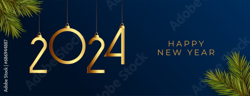 hanging style 2024 new year greeting banner with fir leaves design