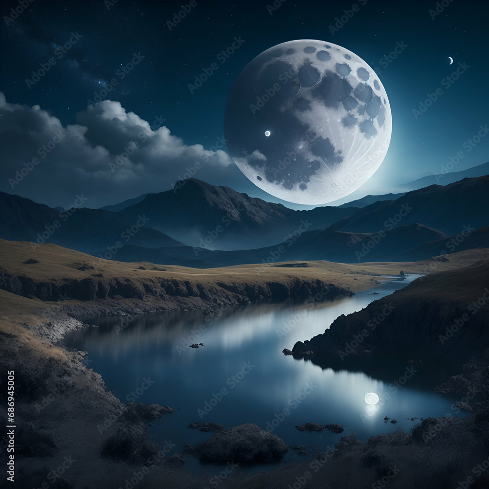 moon over the lake with clouds