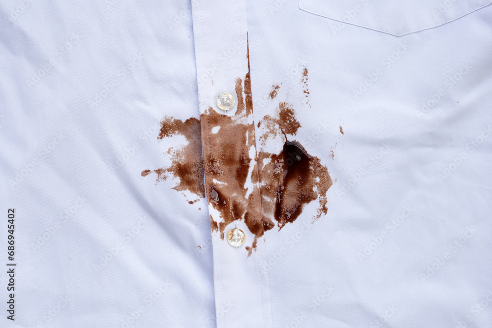 Dirty choclate stain on white shirt - obrazy, fototapety, plakaty 