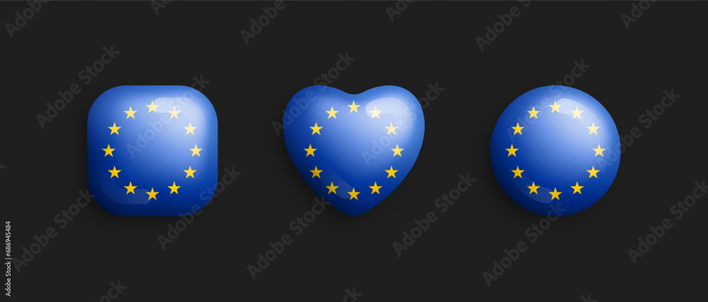 European Union Official Flag 3D Vector Glossy Icons In Rounded Square, Heart And Circle Shape Isolate On Background. EU Sign And Symbols Graphic Design Elements Volumetric Buttons Collection European Union Official Flag 3D Vector Glossy Icons In Rounded Square, Heart And Circle Shape Isolate On Background. EU Sign And Symbols Graphic Design Elements Volumetric Buttons Collection