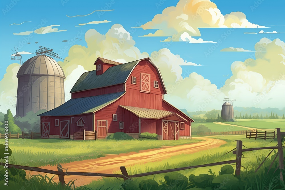 farmland with a barn, silo, and farmhouse featuring gabled entry, magazine style illustration