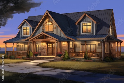 fully lit farmhouse highlighting a prominent gabled front entry, magazine style illustration
