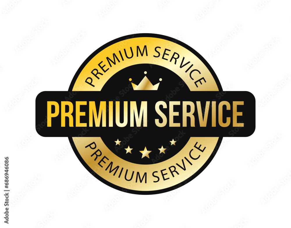Premium service golden round label with crown and stars. Shiny, glossy, luxury, modern flat vector style. For icon, logo, seal, tag, sign, seal, symbol, badge, stamp, sticker, etc. Premium service golden round label with crown and stars. Shiny, glossy, luxury, modern flat vector style. For icon, logo, seal, tag, sign, seal, symbol, badge, stamp, sticker, etc.