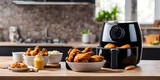 Air fryer cooking machine and french fries, fried chicken on table in kitchen.