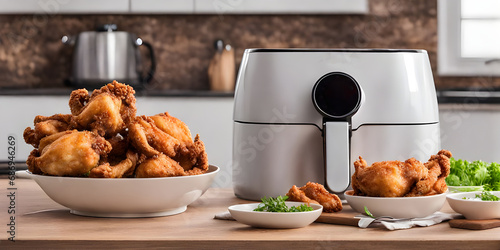 Air fryer cooking machine and french fries, fried chicken on table in kitchen. photo