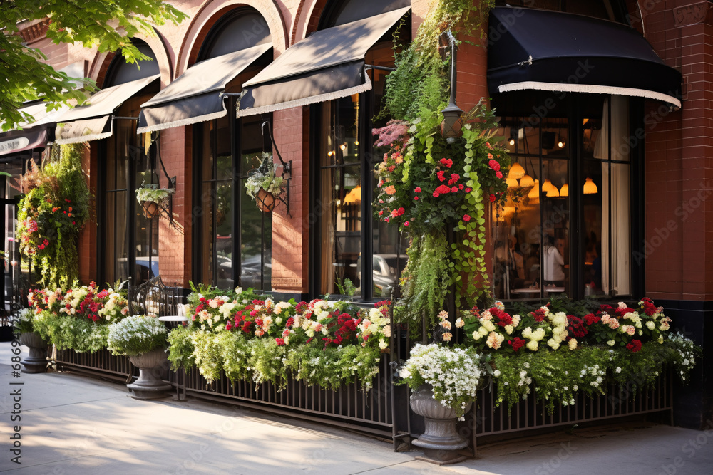 Restaurant Elegance with Florals: Frame a shot from a street-level perspective, highlighting flower-filled window boxes outside a stylish restaurant.