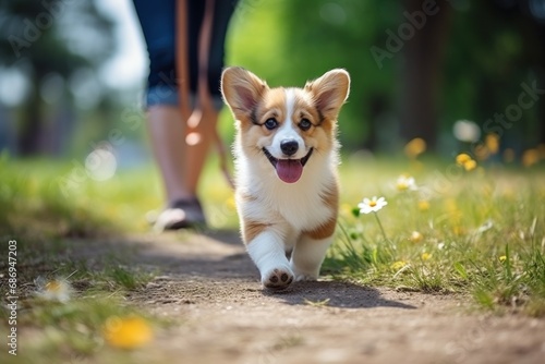 Young girl playing with happy Welsh Corgi dog in the park on a sunny summer day. Generative AI.