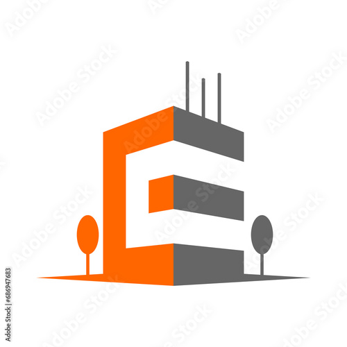 The building logo that forms the letter E is simple and attractive