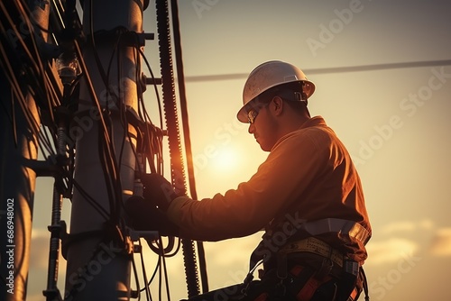 Electrician working on high voltage power pole at sunset. Electrical equipment.Generative AI