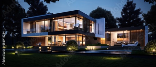 Design modern house exterior with garden and pool at night © artbot