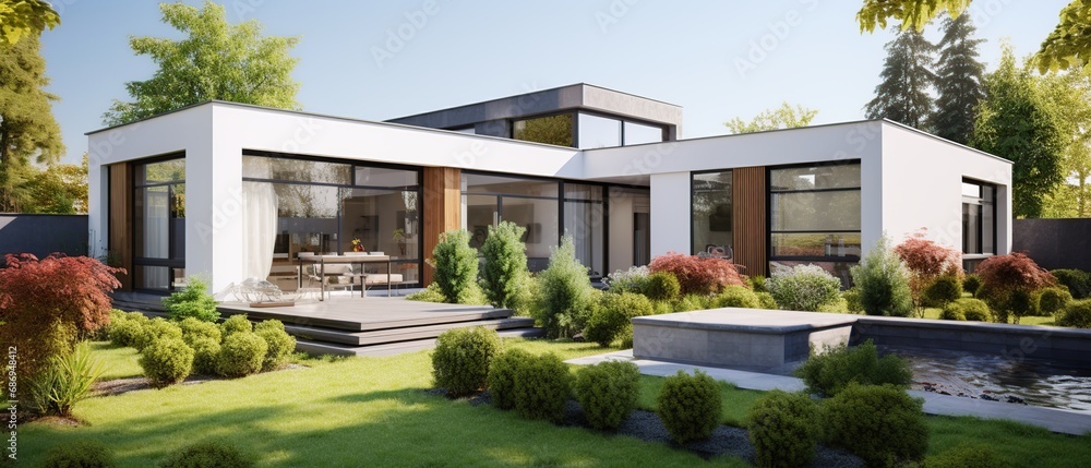 Design modern house exterior with garden