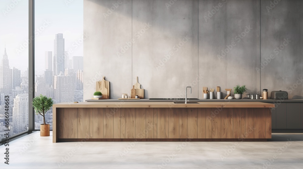 Minimalist kitchen interior with panoramic windows