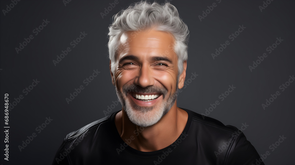 middle-aged male fit model with perfect teeth, white hair, and beard middle-aged male fit model with perfect teeth, white hair, and beard