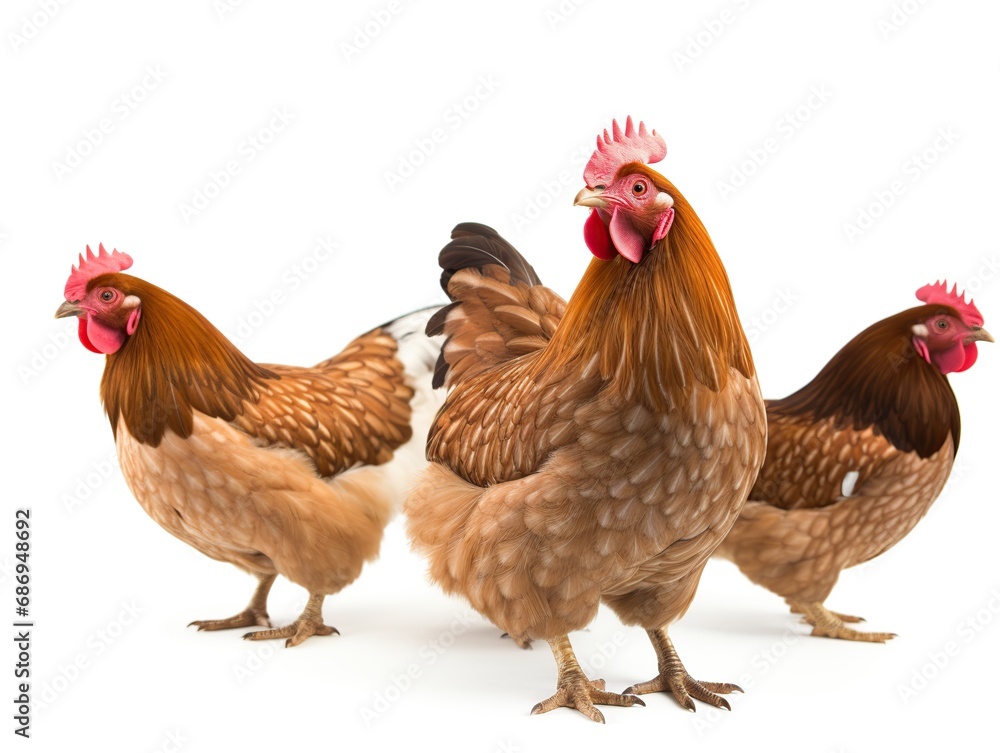 Fototapeta premium Brown laying hens isolated on white background