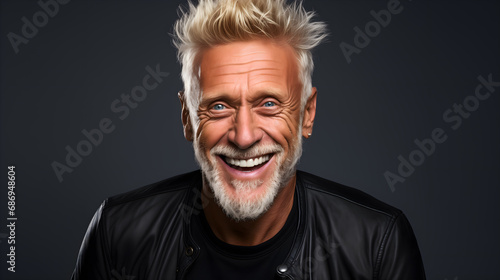 Radiant mature man with a trendy blond hairstyle and blue eyes smiling warmly in a black leather jacket