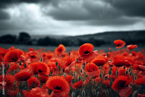The red poppies in the fields are very bright. Veterans day photo