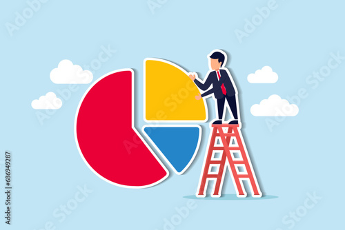 Investment asset allocation and rebalance concept, businessman investor or financial planner standing on ladder to arrange pie chart as rebalancing investment portfolio to suitable for risk and return