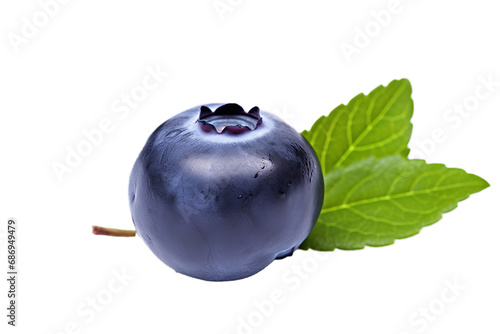 A solitary blueberry with a leaf, captured on a transparent background, highlighting nature's simple elegance.