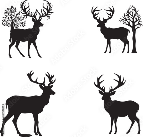 Collection of black deer icons. Deer simple icon on white background