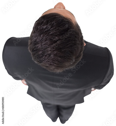 Digital png photo of view from above of biracial businessman looking up on transparent background