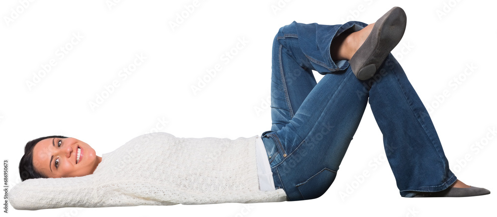 Φωτογραφία Digital png photo of happy caucasian woman in white sweater on transparent backg