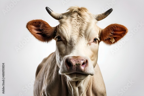 Frontal view of a cow , isolated, white background, generative ai