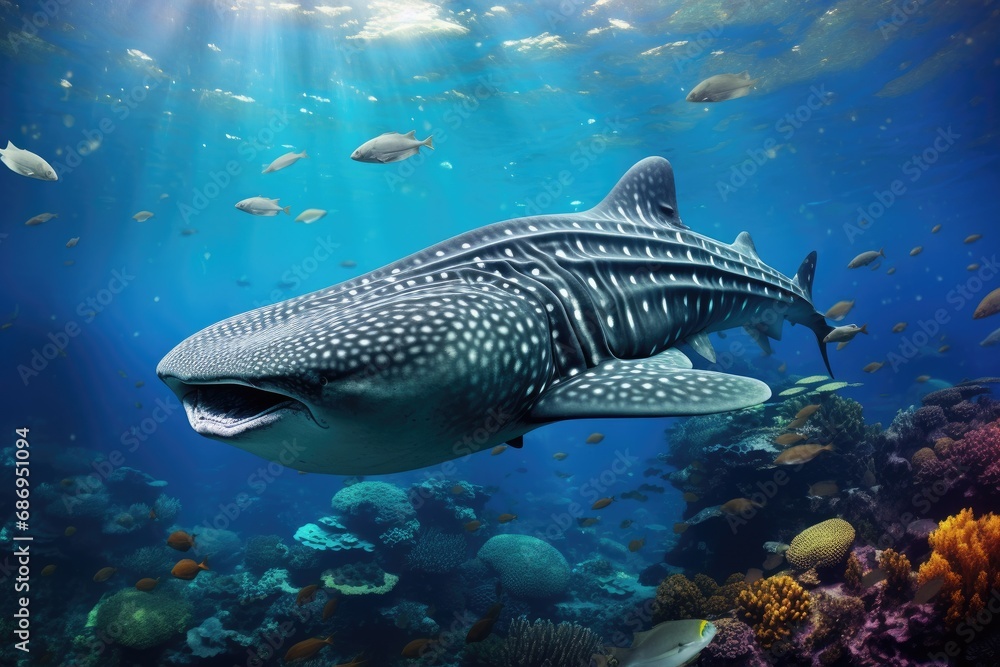 Fototapeta premium Whale shark in coral reef. Underwater world. 3d render, Whale shark and school of sharks in a deep blue ocean, AI Generated