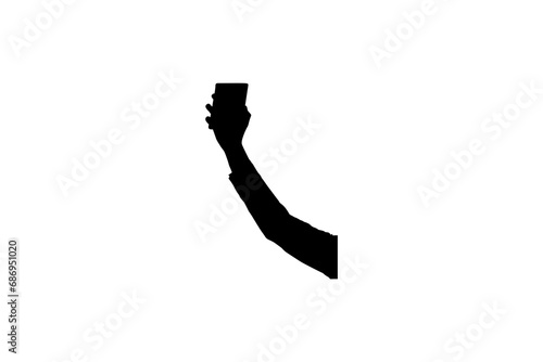 Digital png illustration of silhouette of hand with smartphone on transparent background