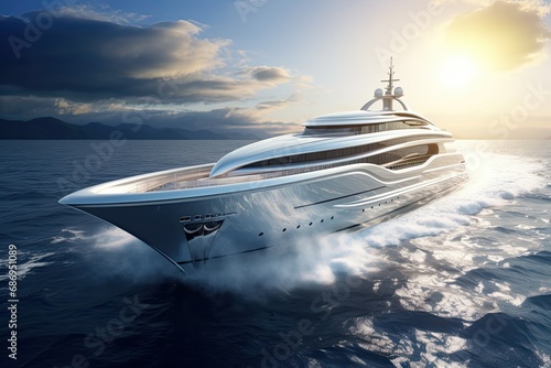luxury yacht in the sea at sunset. 3d render illustration, White superyacht at sea, AI Generated © Iftikhar alam